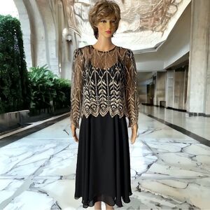 1980’s Vintage Chiffon Dress Embroidered Bodice Full Skirt